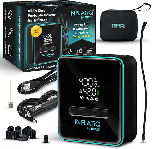INFLATiQ by RIMiQ Tire Inflator - Powerful, Award-Winning QWIKFLOW Technology with 2 Portable Power Options Included - Strong Vehicle Air Pump for Trucks, Cars, Motorcycles, Bicycles, Balls and More