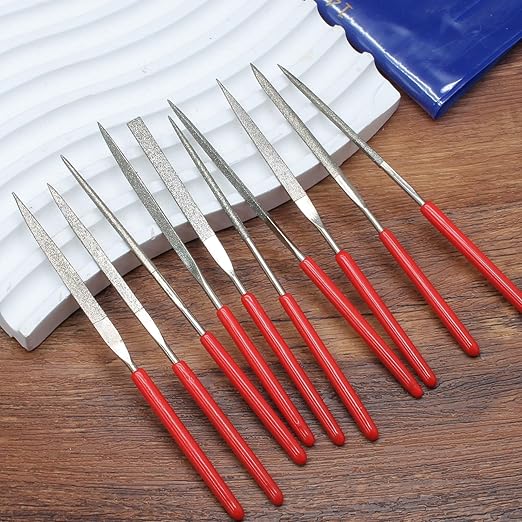 Hordion 10 Pcs Mini Diamond File Set, 2x100mm Small Needle Files Jewelers File for Glass Wood Stone Jewelry Metal, Includes Round Oval Triangular Square Flat Leaf Shape