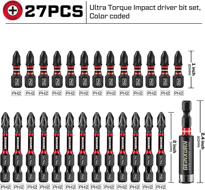 Impact #2 Phillipes Screwdriver Bits Set, 26pcs 1??2??PH2 Magnetic S2 Steel Cross Driver Bits Set and 1pc Impact Bit Holder with Color Coded Base