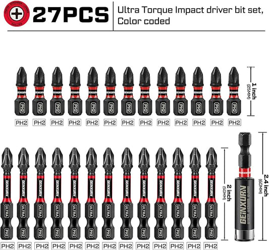 Impact #2 Phillipes Screwdriver Bits Set, 26pcs 1??2??PH2 Magnetic S2 Steel Cross Driver Bits Set and 1pc Impact Bit Holder with Color Coded Base
