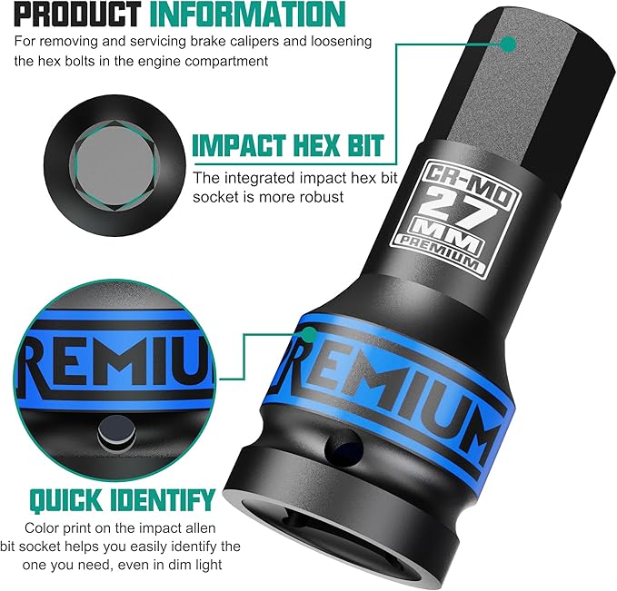 3/4" Drive H27 Impact Hex Bit Socket, 27 mm Allen Bit Socket, Metric, Cr-Mo Steel, Car Maintenance, Furniture Installation, Mechanic Use