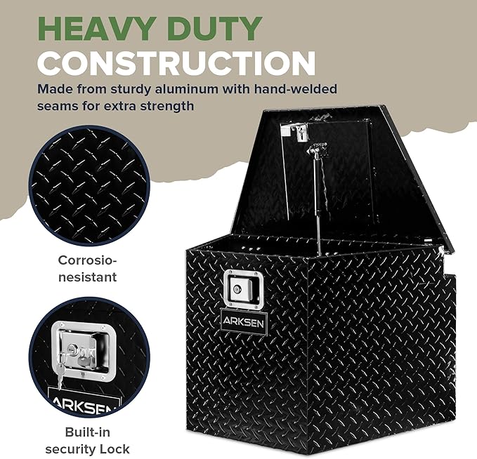 ARKSEN 29 Inch Aluminum Diamond Plate Tongue Box Tool Chest, Waterproof Under Truck Storage for Pick Up Truck Bed, RV Trailer, ATV with Lock and Keys - Black