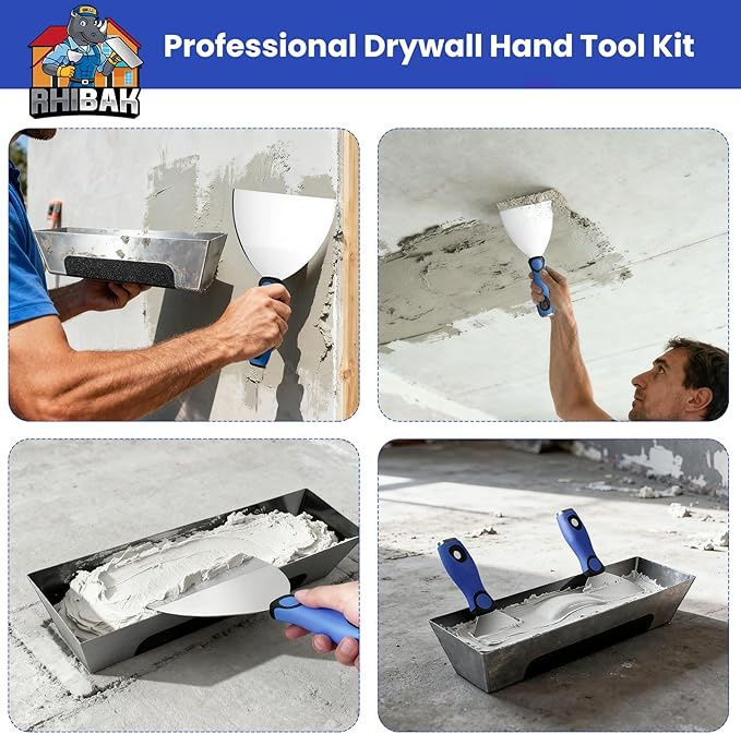 Drywall Hand Tools Kit, Putty Knife Set with Aluminum Hawk, Mud Pan, Flat Finishing Trowel, Multi-Fuctional Paniter Scraper