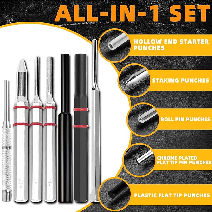 BESTNULE Roll Pin Punch Set, Punch Tools, Made of Solid Material Including Steel Punch and Hammer, Ideal for Machinery Maintenance with Organizer Storage Container (Without Bench Block)