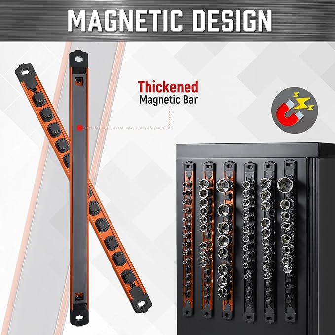 ALOANES 1/2-Inch Drive Magnetic Socket Organizer, Heavy Duty Aluminum Socket Rail Organizer, 360째 Swivel Clips Socket Rail Set For Sockets Storage, 1/2-Inch Socket Holder x 12 Clips (Orange)