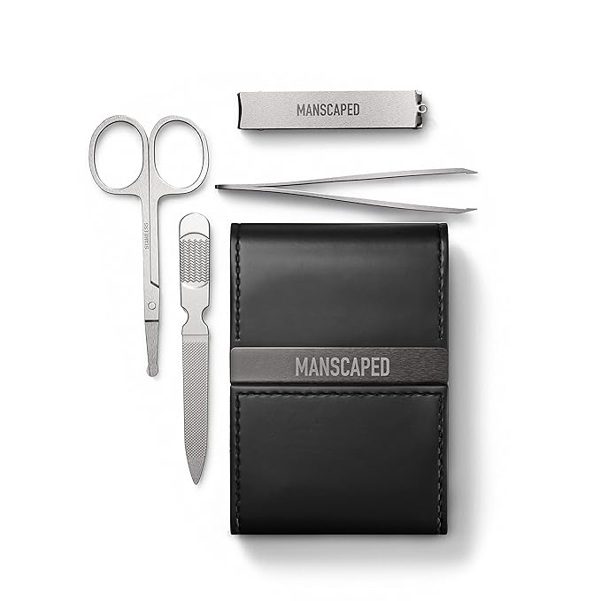 MANSCAPED짰 Shears 2.0 Tempered Stainless Steel Men's Nail Kit, Fingernail Clippers, Safety Scissors, Tweezers and Nail File, Travel Manicure Pedicure Set, 4-Piece Luxury Grooming Kit with Compact Case
