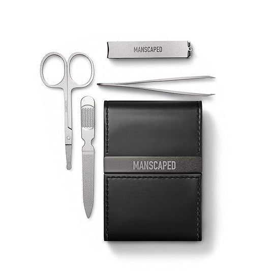 MANSCAPED짰 Shears 2.0 Tempered Stainless Steel Men's Nail Kit, Fingernail Clippers, Safety Scissors, Tweezers and Nail File, Travel Manicure Pedicure Set, 4-Piece Luxury Grooming Kit with Compact Case