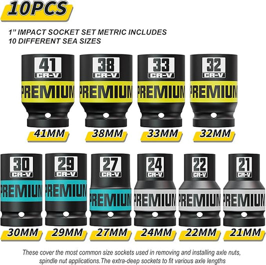 10 Piece 1" Drive Impact Socket Set, Metric Axle Nut Sockets, 21-41mm Thicker Jumbo Sockets, Socket Set, 6 Point, Cr-V, Vehicle and Apparatus Maintenance
