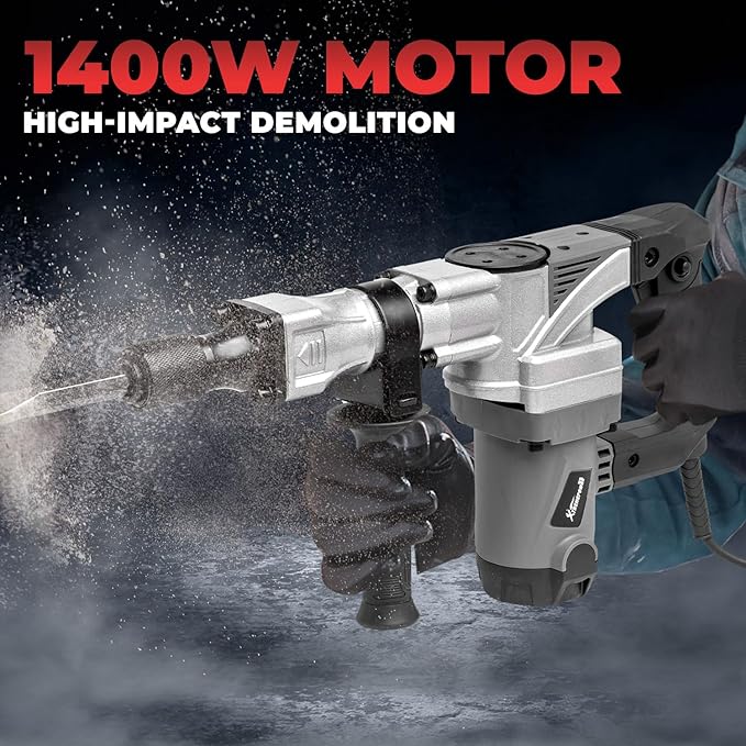 XtremepowerUS 1400W Demolition Jack Hammer With Point & Chisel Bits & Case Electric Demolition Construction Concrete Breaker Punch Drill (Grey/Black)