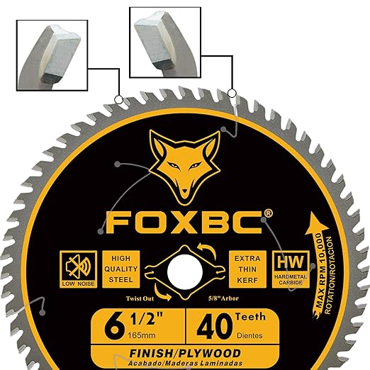 FOXBC 6-1/2 inch Circular Saw Blade Fine Finish 40-Tooth for Wood Cutting, Thin-Kerf with 5/8" Arbor