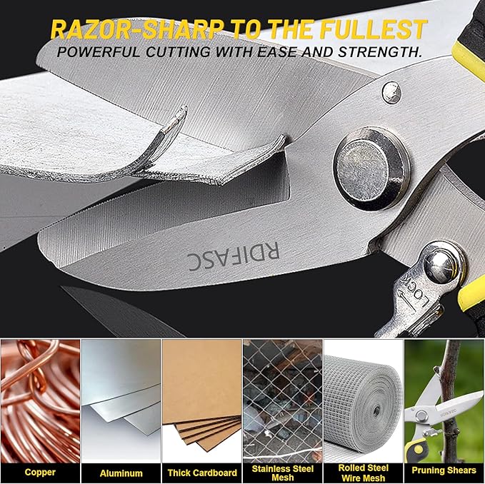 Heavy Duty Scissors Industrial, Tin Snips Heavy Duty,8 Inch Metal Shears,Multi-Purpose Cutter with Comfort Grips,Metal Snips of Cable Wires,Thin Iron,Cardboard