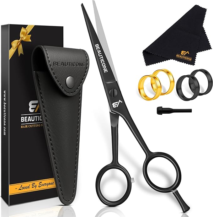 BEAUTICONE 짰 Hair Cutting Scissors - High Carbon SS 6.5" Professional Barber-Grade Salon Shears with Serrated & Razor Edge - Black Premium Gift Box with Leather Pouch & Extra Accs - Ultra Lightweight