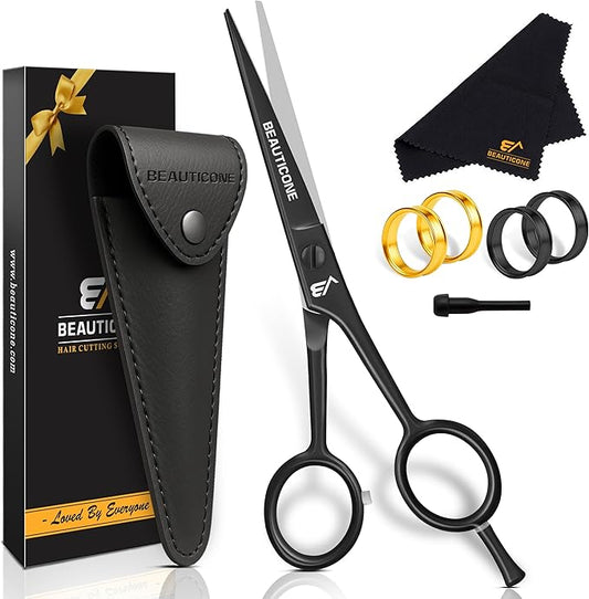 BEAUTICONE 짰 Hair Cutting Scissors - High Carbon SS 6.5" Professional Barber-Grade Salon Shears with Serrated & Razor Edge - Black Premium Gift Box with Leather Pouch & Extra Accs - Ultra Lightweight