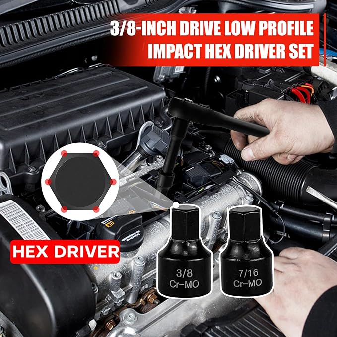 C&T 16 Piece 3/8-Inch Drive Low Profile Impact Hex Driver Set,SAE/Metric,1/4 Inch - 3/4 Inch, 6mm - 19mm, Cr-Mo Steel, Hex Bit Socket Set, Heavy Duty Storage Case