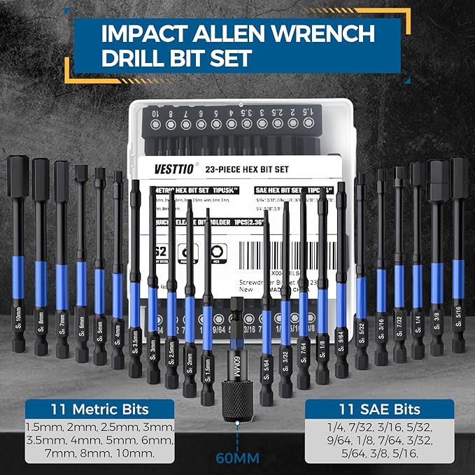 23PCS 4" Hex Bit Set, Metric & SAE Allen Wrench Drill Bit Set, 1/4" Hex Shank S2 Steel Magnetic Allen Key Bits with 60mm Quick Release Bit Extension for Power Drill Screwdriver Impact Driver