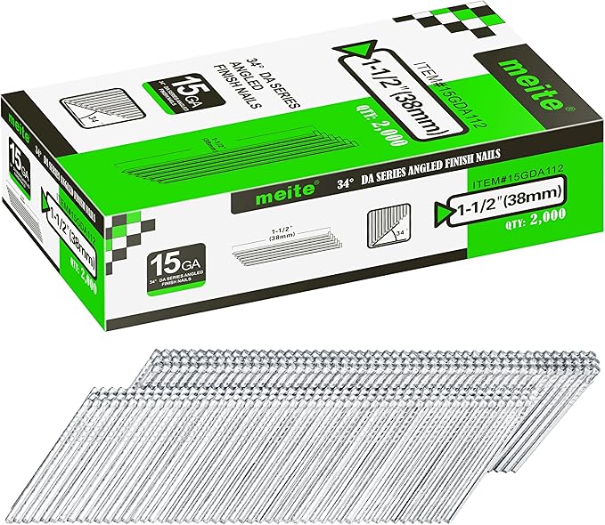meite 15 Gauge 34 Degree Angled Finish Nails, 1-1/2 Inch Leg Galvanized No-rust Finishing Nails for Nailer Gun, Glue-Collated Trim Nails for Baseboard Crown Cabinet Window Molding, 2 Boxes x 2,000PCS