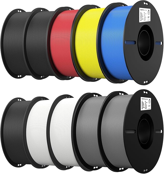 Creality 10 Pack PLA 1.75mm Filament Bundle for 3D Printing with No-Tangling Strong Bonding and Overhang Performance, Accuracy +/- 0.02mm (3Black,2White,2Grey,Blue,Red,Yellow)