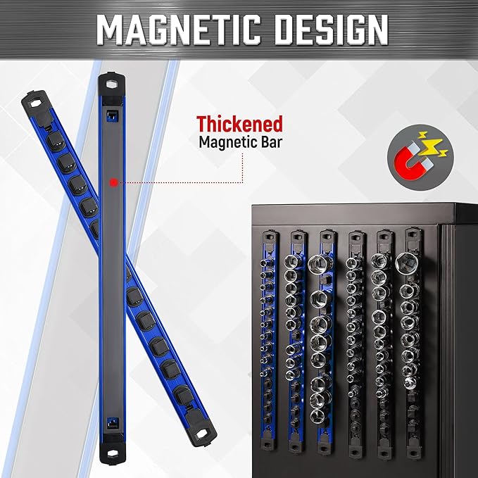 ALOANES 3/8-Inch Drive Magnetic Socket Organizer, Heavy Duty Aluminum Socket Rail Organizer, 360째 Swivel Clips Socket Rail Set For Sockets Storage, 3/8-Inch Socket Holder x 14 Clips (Blue)