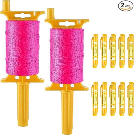 2 Pack Mason String Line Reel for Construction, Twisted 540 FT #18 Braided Nylon String with 10 Mason Line Level, High Visibility Braided Nylon Twine for Masonry Tools, Gardening, DIY(Pink)