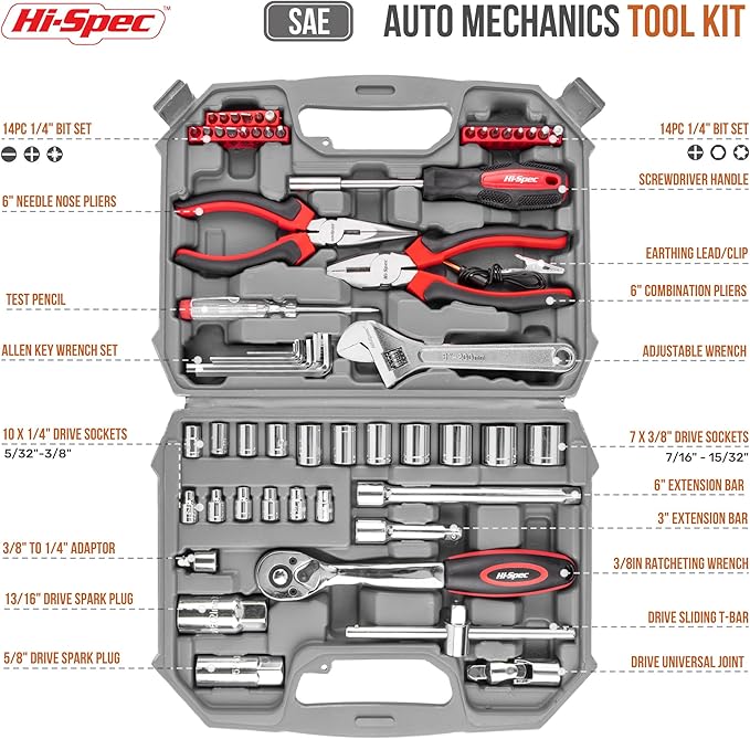 Hi-Spec Tools 67pc SAE Auto Mechanics Hand Tool Kit Set. Complete Car, Motorcycle, Engine & Garage Repairs with Sockets, Ratchet Wrench, Pliers & More