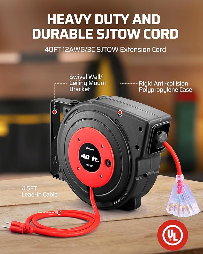 DEWENWILS Retractable Extension Cord Reel, 40 FT Heavy Duty Power Cord, 12/3C SJTOW Retractable Cord Reel, Lighted Triple Tap Outlets, 15A Circuit Breaker, Wall/Ceiling Mount, UL Listed, Red