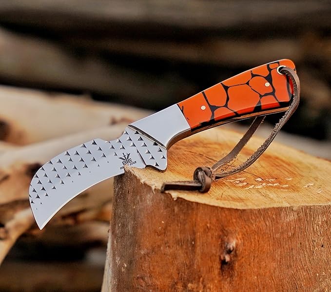 Farrier Rasp Steel Hawkbill Knife, Fixed Blade Full Tang, Leather Sheath, Wire Skinning Utility Knife for Lineman