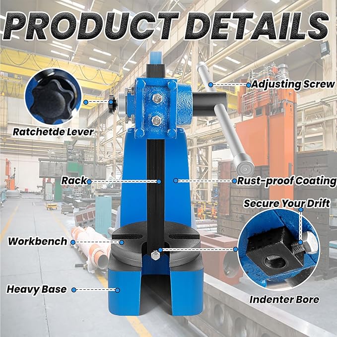 Arbor Press 2 Ton (17.32"H x 15.35"L), Reversible Ram, 3 Drifts, Steel Anvil for Punching/Shaping, Small Workbench (2T Blue)