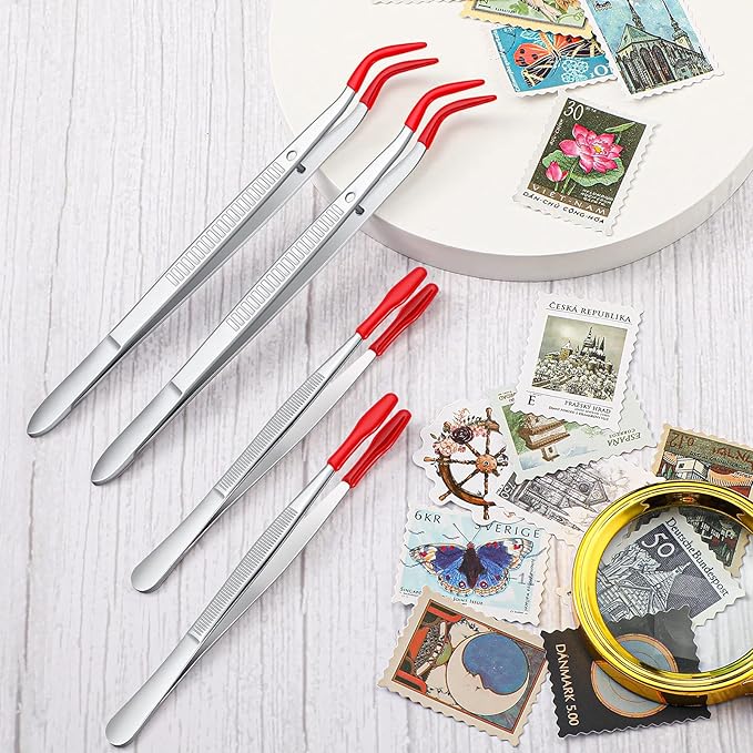 2 Pieces Bent Tip Tweezers with Rubber Tips PVC Coated and 2 Pieces Tweezers Rubber Coated PVC Soft Non Marring Flat Tips Lab Hobby Jewelry Craft Stainless Steel Tool(Red)