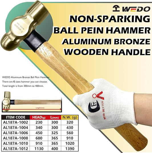 WEDO Ball Pein Hammer,12oz Non-Sparking Ball Peen Hammer,Aluminum Bronze,Wooden Handle,Length 300mm,Die-forged Hammer Head 340g,Corrosion Resistant Drilling Hammer,BAM & FM Certificate,DIN Standard