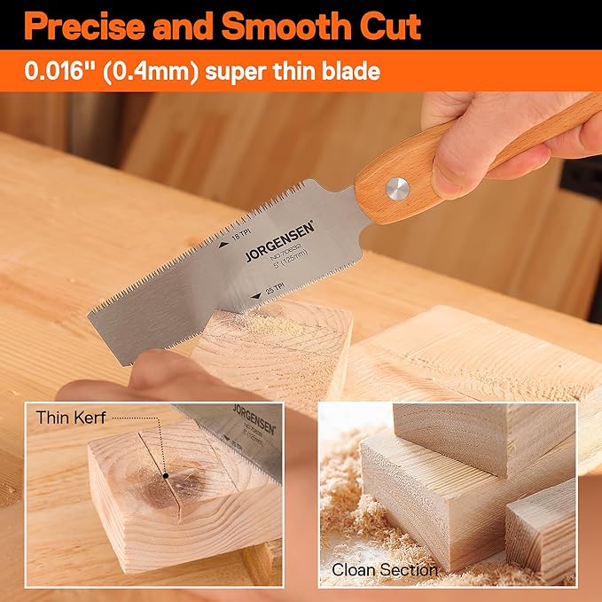 JORGENSEN Japanese Flush Cut Saw, 5 Inch Beech Handle Pull Saw, SK5 Flexible Double Edge Blade, 18/25 TPI Japanese Handsaw for Hardwood & Softwood Woodworking, Cutting, Trim Flush