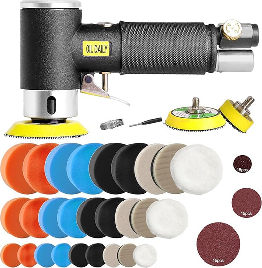 Mini Air Sander,Random Orbital Air Sander Kit,Mini Pneumatic Sander for auto sanding tools kits with 1/2/3inch Polishing Sponge & Wool Pads Sandpapers (1"2"3" Buffer&Sander Kit)
