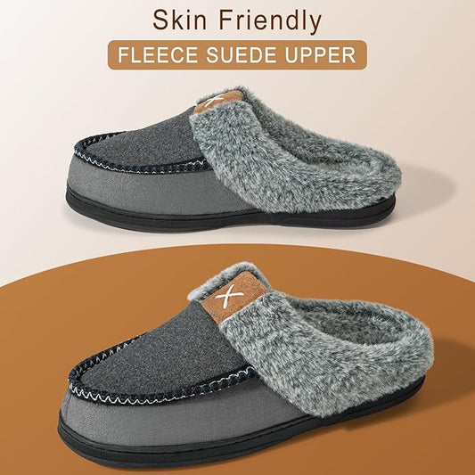 Homitem Mens Slippers Moccasins Memory Foam Fuzzy Slippers for Men Wool-Like Plush Fleece Lined House Shoes Indoor Outdoor Anti-Skid Rubber Sole Home Bedroom