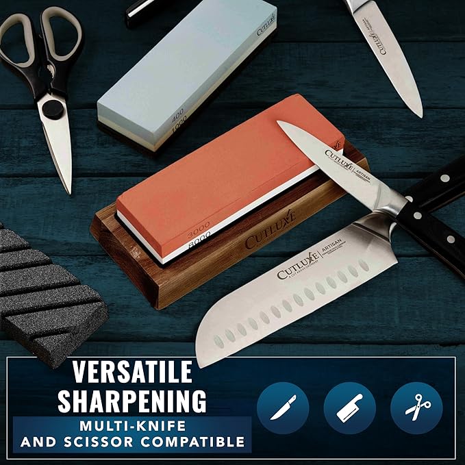 Cutluxe Whetstone Knife Sharpener ??Sharpening Stone Kit, Professional 4 Side Grit 400/1000/3000/8000, Non Slip Acacia Wood Base, Angle Guide, Black Flattening Stone, Leather Strop