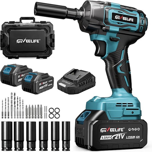 GEVEELIFE Impact Wrench 520Ft-lbs(700N.m) Brushless, 1/2 Impact Gun with 2x4.0Ah Battery, Cordless Impact Wrench, 6 Sockets, 8 Drill Bits, 3300RPM Power Electric Impact Driver for Car/DIY Furniture