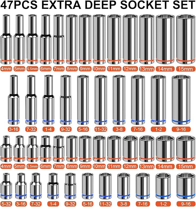 47-Piece 1/4" Drive Impact Socket Set - Deep & Shallow Socket Set SAE 5/32"-9/16" and Metric 4-15mm, 6 Point CR-V Alloy Steel for Auto Repair, with Molded Case