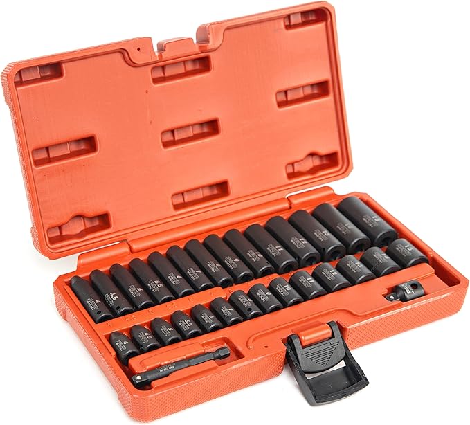NEIKO 02481A 1/4" Drive Impact Socket Set, 30 Piece, Metric Sizes 4 ??15 MM, Deep and Shallow Sockets, Chrome Vanadium Steel, 3/8??to 1/4??Reducer, Hex Shank Socket Impact Adapter, Socket Wrench Set