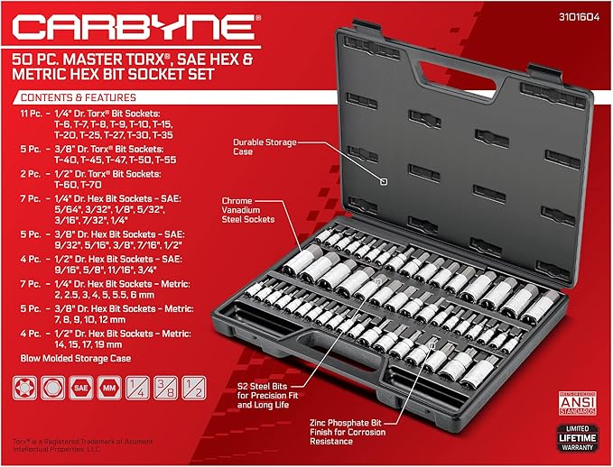 CARBYNE 50-Piece Master Torx, SAE & Metric Hex Bit (Allen) Socket Set | S2 Steel Bits, Cr-V Steel Sockets, Durable Storage Case. Torx: T6 to T70, Metric Hex: 2mm to 19mm, SAE Hex: 5/64 in. to 3/4 in.
