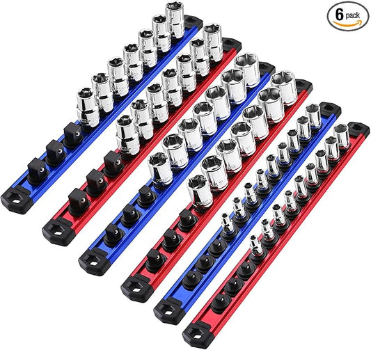 WORKPRO Magnetic Socket Organizer - 6-Piece Aluminum Alloy Socket Rail, Heavy Duty Socket Holder - Set: 1/4-Inch x 12 Clips, 3/8-Inch x 10 Clips, 1/2-Inch x 10 Clips