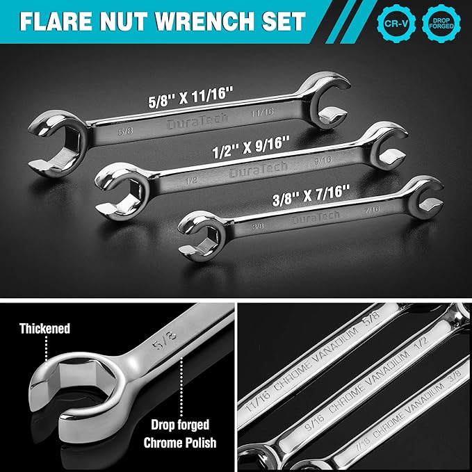 DURATECH Flare Nut Wrench Set, SAE, 3-piece, 3/8'', 7/16'', 1/2'', 9/16'', 5/8'', 11/16'', CR-V Steel, Organizer Pouch Included