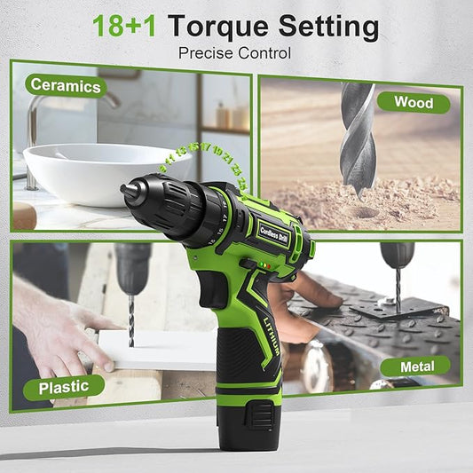 Cordless Drill Set,12V Power Drill Driver 3/8" Keyless Chuck with 92 Acessories, Built-in LED Light, 25+1 Position, Electric Drill for Home DIY Projects (Green)