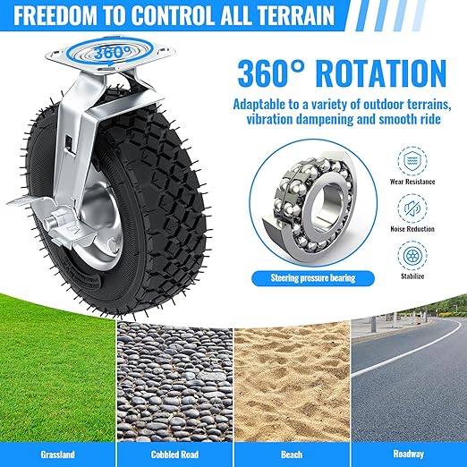 10 inch Casters Wheels, Heavy Duty Casters Set of 4 Load 1300lbs with Brake, Locking Swivel Plate Caster, Industrial Castor Wheels for Workbench, Cart, Trolley, Wagon and Shelves