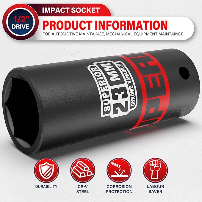 1/2" Drive Impact Socket, 23 mm Deep Socket, Metric, 6 Point, CR-V, for Automotive Maintaince, Mechanical Equipment Maintaince