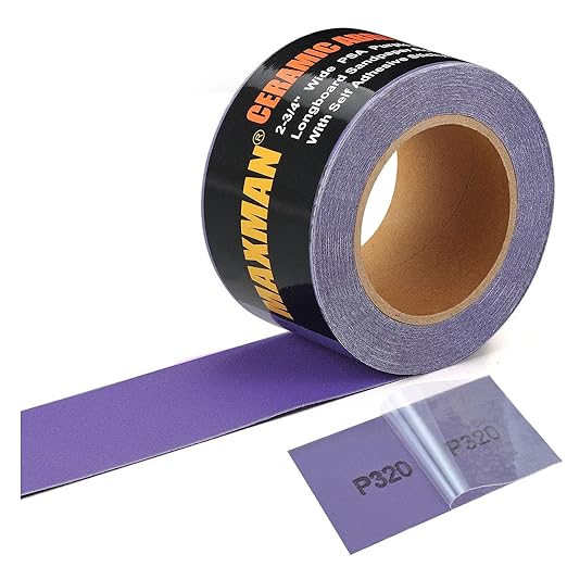 MAXMAN 320 Grit Sandpaper Roll, PSA Purple Film Ceramic Longboard Sand Paper, 2-3/4" Wide Continuous 20 Yard Long Continuous Roll, Self Adhesive Stickyback for Auto, Wood, Metal, Hand Sanding Blocks