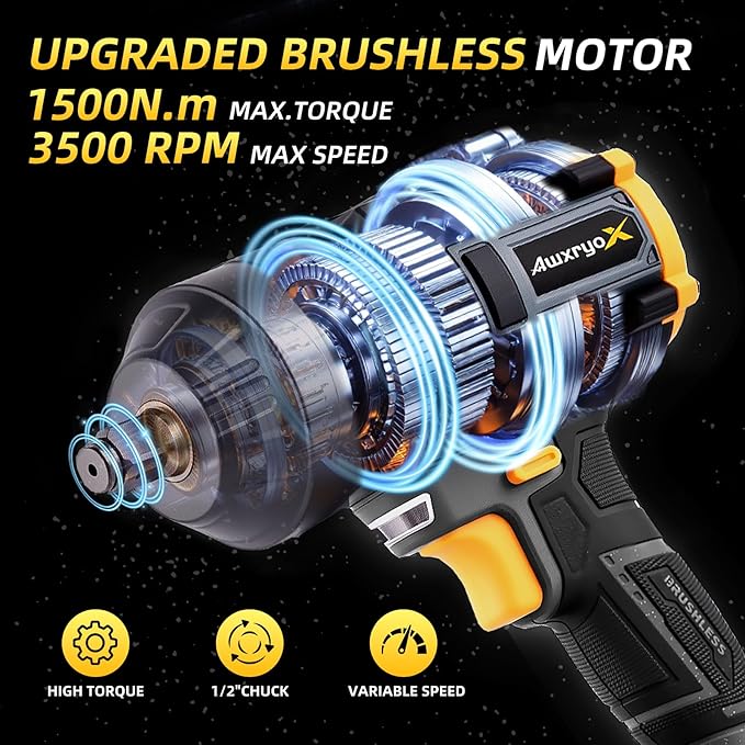 1500Nm Cordless Impact Wrench, 1107ft-lbs Brushless Impact Gun with 2x4.0Ah Battery,1/2" 20V High Torque Pistola De Impacto with 6 Socket & Extension Rod, Electric Taladros for Truck/Car/Mower