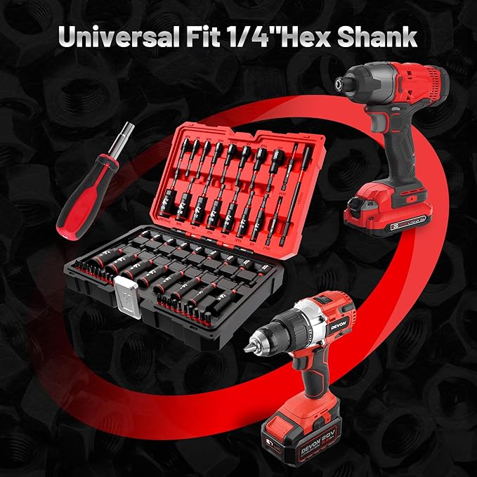 EZARC 55PCS Magnetic Impact Nut Driver Set, 1/4" Hex Shank Socket Adapter with Deep & Shallow Sockets, Wing Nut Setter, S2 Bits & Extension - Compatible with Impact Drills/Wrenches