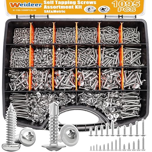 weideer 1095pcs Self Tapping Screws for Metal, #8#10 M2 M3 M4 410 Stainless Steel Screws Assortment Kit Oxide Truss Head and Phillips Pan Head Metal Screw