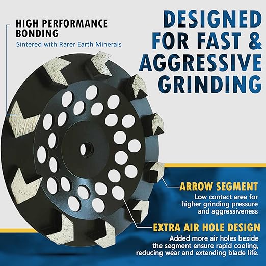 7" High Performance Diamond Grinding Wheels for Concrete, Paint, Epoxy, Mastic, Coating Removal, #30/40 Grit, 10 Arrow Segments, 5/8"-11 Arbor
