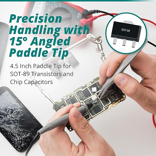 Excelta 104-SA 15° Bent Tweezers, 4.5 Inch Paddle Tip for SOT-89 Transistors and Chip Capacitors, Wide Point Anti-Magnetic Stainless Steel, Conductive Surface Resistivity, Made in Italy, Professional