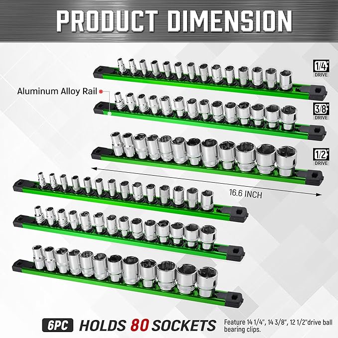 ALOANES 6-Piece Magnetic Socket Organizer, Heavy Duty Aluminum Socket Rails Organizer, 360째 Swivel Clips Socket Holder Kit for Tool Box, 1/2, 3/8, 1/4-Inch Socket Holder x 80 Clips (Green)