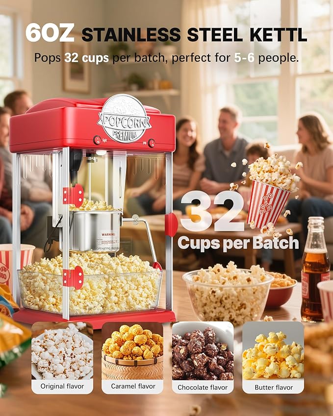 6 Oz Popcorn Machine Maker, Countertop Pop Corn Machine, Tabletop Popcorn Machine, Movie Theater Popcorn Popper Machine with Stainless-Steel Kettle, Measuring Tool for Home Family, 300 W, Red